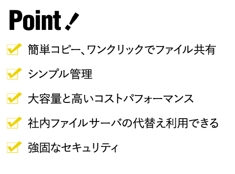 ・簡単コピー、ワンクリックでファイル共有・シンプル管理・大容量と高いコストパフォーマンス・社内ファイルサーバの代替え利用できる・強固なセキュリティ